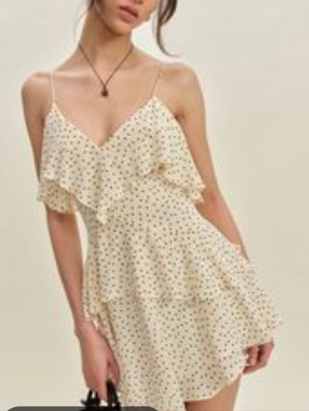 Japan women's fit and flare, spaghetti, strap dress, Tan with‎ black polkadots S